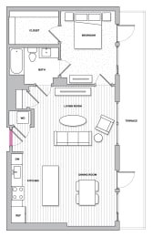 Yorkshire 8 (A8) 1 Bedroom 1 Bathroom Floor Plan at Kingston at McLean Crossing, McLean, 22102