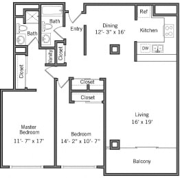2H - 2 Bedroom 2 Bath Floor Plan Layout - 1344 Square Feet