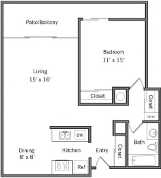 1H - 1 Bedroom 1 Bath Floor Plan Layout - 730 Square Feet at Americana Apartments, Mountain View, CA