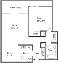 1I - 1 Bedroom 1 Bath Floor Plan Layout - 740 Square Feet at Americana Apartments, California, 94040