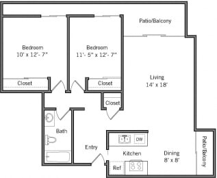 2A - 2 Bedroom 1 Bath Floor Plan Layout - 940 Square Feet at Americana Apartments, Mountain View, CA