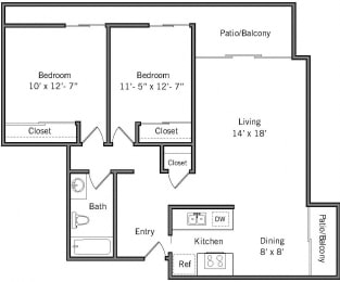 2B - 2 Bedroom 1 Bath Floor Plan Layout - 985 Square Feet at Americana Apartments, Mountain View, 94040