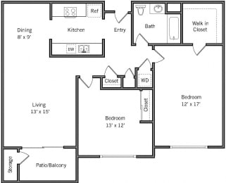 2C - 2 Bedroom 1 Bath Floor Plan Layout - 1053 Square Feet at Americana Apartments, Mountain View, California