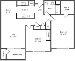 2D - 2 Bedroom 1 Bath Floor Plan Layout - 1142 Square Feet at Americana Apartments, Mountain View, 94040