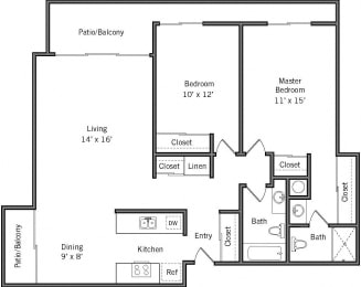 2H - 2 Bedroom 2 Bath Floor Plan Layout - 1010 Square Feet at Americana Apartments, California, 94040