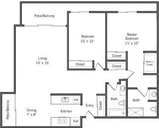 2I - 2 Bedroom 2 Bath Floor Plan Layout - 1035 Square Feet at Americana Apartments, Mountain View, CA, 94040