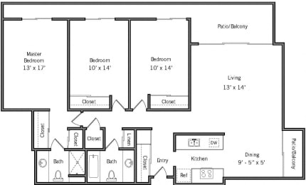 3A - 3 Bedroom 2 Bath Floor Plan Layout - 1215 Square Feet at Americana Apartments, Mountain View, California