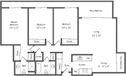 3B - 2 Bedroom 2 Bath Floor Plan Layout - 1235 Square Feet at Americana Apartments, Mountain View, California
