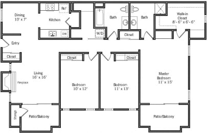 3C - 2 Bedroom 2 Bath Floor Plan Layout - 1345 Square Feet at Americana Apartments, California, 94040