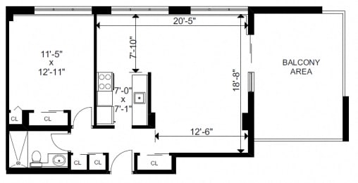 One bedroom, one bathroom apartment layout at Bayview Gardens in White Rock, BC