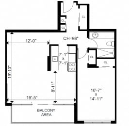 One bedroom, one bathroom apartment layout at Bayview Gardens in White Rock, BC