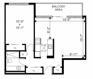 One bedroom, one bathroom apartment layout at Bayview Gardens in White Rock, BC