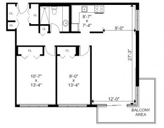Two bedroom, one bathroom apartment layout at Bayview Gardens in White Rock, BC