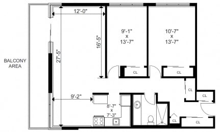 Two bedroom, one bathroom apartment layout at Bayview Gardens in White Rock, BC
