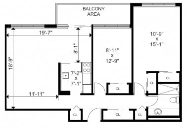 Two bedroom, one bathroom apartment layout at Bayview Gardens in White Rock, BC