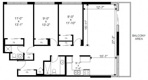 Three bedroom, one bathroom apartment layout at Bayview Gardens in White Rock, BC