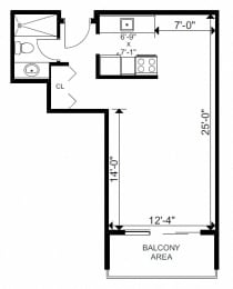 Bachelor, one bathroom apartment layout at Bayview Gardens in White Rock, BC
