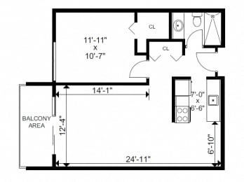 One bedroom, one bathroom apartment layout at Bayview Gardens in White Rock, BC