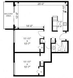 Two bedroom, one bathroom apartment layout at Bayview Gardens in White Rock, BC