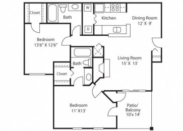 2 bedroom 2 bathroomB3 Floor Plan at Grove Point, Norcross, GA, 30093