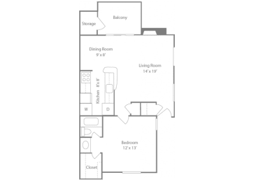 Brighton Floorplan 1 Bedroom 1 Bath 728 Total Sq Ft at The Edge of Germantown Apartments Home, Memphis, TN 38120