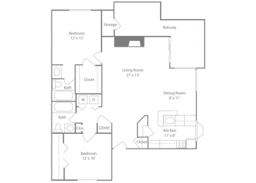 Epsom Floorplan 2 Bedroom 2 Bath 1090 Total Sq Ft at The Edge of Germantown Apartments Home, Memphis, TN 38120
