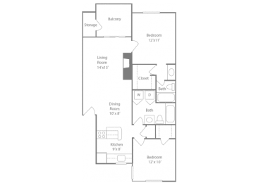 Sandown Floorplan 2 Bedroom 2 Bath 928 Total Sq Ft at The Edge of Germantown Apartments Home, Memphis, TN 38120