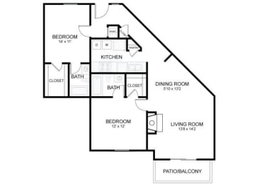 The Hampton Floorplan 2 Bedroom 2 Bath 992 Total Sq Ft at 15Seventy Chesterfield Apartment Homes, Chesterfield, MO 63017