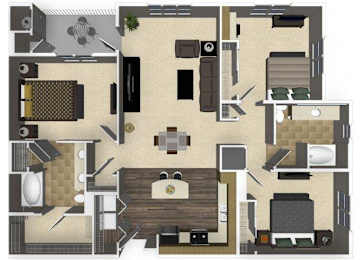 Floor Plan  3 bedroom 2 bathroom apartment C1L floorplan at Venue Apartments in San Jose, CA