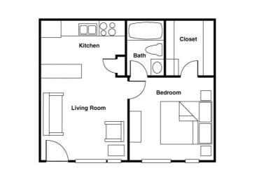 Furnished 1 bedroom 1 bathroom floor plan at Shorebird Apartments in Mesa, AZ