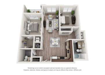 2 bedroom 1 bathroom apartment floor plan with porch/balcony