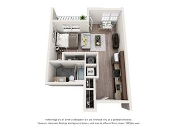 studio apartment 1 bedroom 1 bathroom floor plan with porch/balcony