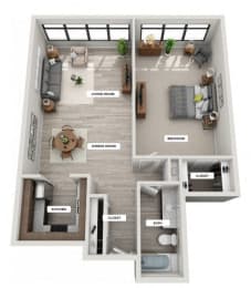 1 Bed 1 Bath Floor Plan with 1,020 Sq. Ft. at The Apartments at Denver Place Apartments in Denver, CO