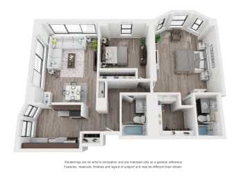 2 bedroom floor plan  at River North Park Apartments, Chicago, Illinois