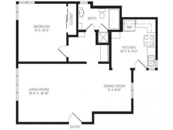 1 bedroom floor plan | Chase Knolls Garden Apartments Sherman Oaks CA