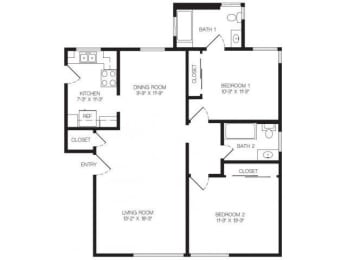 2 bedroom floor plan | Chase Knolls Garden Apartments Sherman Oaks CA