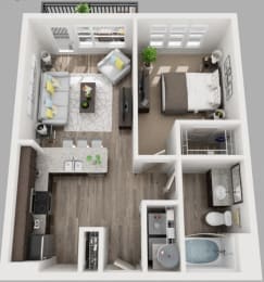 1 Bed 1 Bath Floor Plan with 626 Sq. Ft. at  South Side Flats Apartments in Dallas, TX