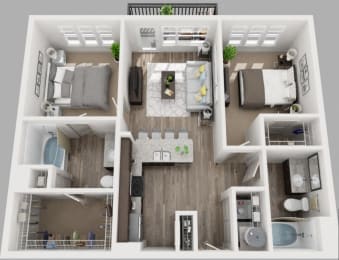 2 Bed 2 Bath Floor Plan with 912-944 Sq. Ft. at South Side Flats Apartments in Dallas, TX