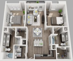 2 Bed 2 Bath Floor Plan with 1,132 Sq. Ft. at  South Side Flats Apartments in Dallas, TX
