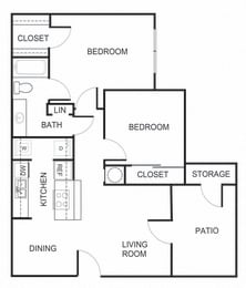 Floor Plan  2 bedroom 1 bathroom 800 square foot B1 floorplan at Forest Creek Apartments in Houston, TX
