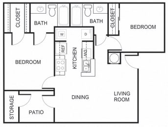 Floor Plan  2 Bedroom 2 Bathroom B2 floorplan at Forest Creek Apartments in Houston, TX