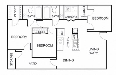 Floor Plan  3 bedroom 2 bathroom C1 floorplan at Forest Creek Apartments in Houston, TX