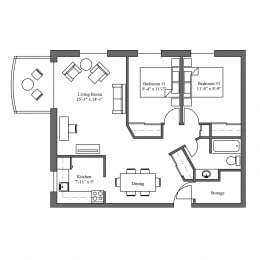 Floor Plan  The Sunset 2 Bedroom 1 Bathroom Corner Suite