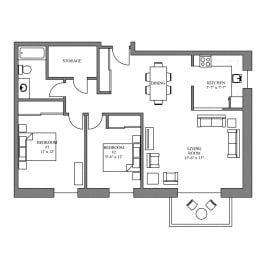 Floor Plan  The Creekview 2 Bedroom 1 Bathroom Corner Suite