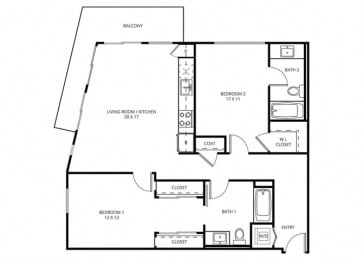 2 A1 - 2 Bedroom 2 Bath Floor Plan Layout - 1128 Square Feet at Imperial Hardware Lofts, California