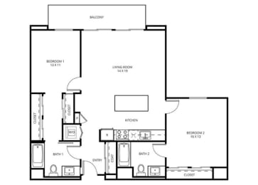 2 D2 - 2 Bedroom 2 Bath Floor Plan Layout - 1133 Square Feet