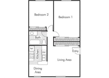 Floor Plan  Two bedroom one bathroom B2 floorplan at Walden Glen Apartments in Buena Park, CA