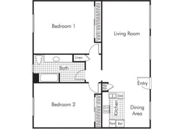 Floor Plan  Two bedroom one bathroom B3 floorplan at Walden Glen Apartments in Buena Park, CA