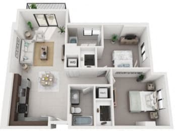 2 Bed 2 Bath Floor Plan | 965 Sq. Ft. at  District West Gables Apartments in West Miami, Florida