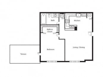 1 Bed 1 Bath Floor Plan | 864 Sq. Ft. at District West Gables Apartments in West Miami, Florida